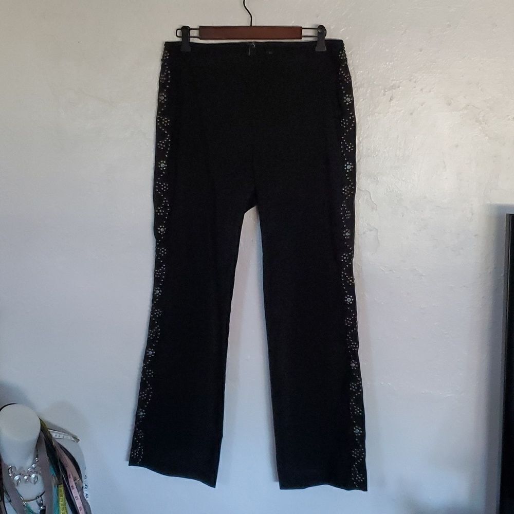 Karen Kane Black Stretchy Kick Flare Pants with Turquoise Studs Size 12